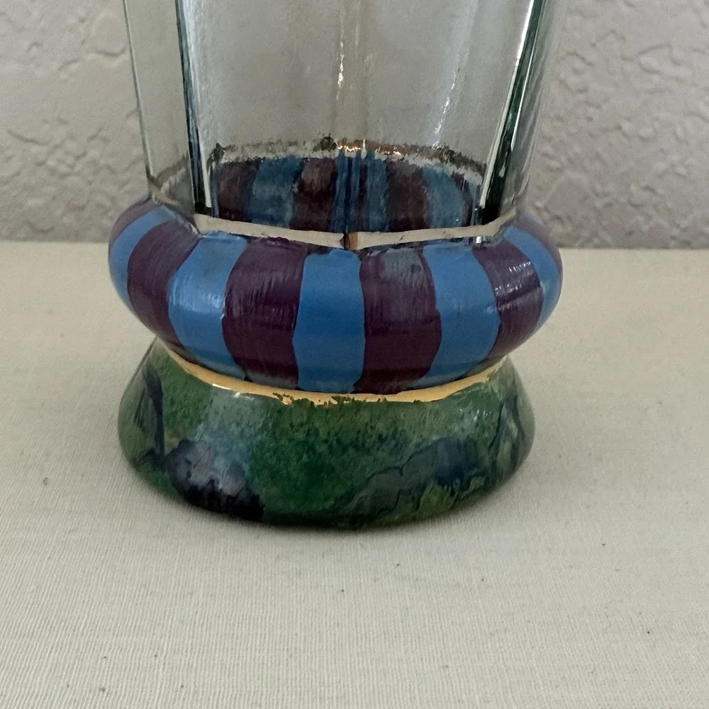 Vtg 80s 90s Mackenzie Childs Glass Cups Circus Purple Stripe Marble Octagon